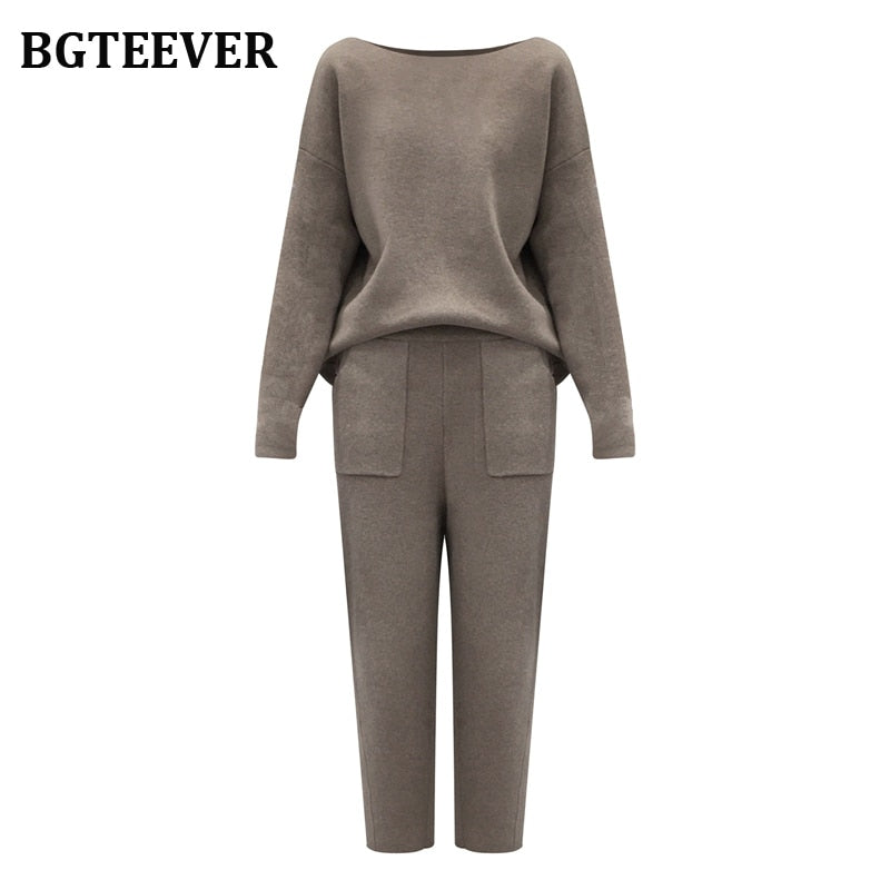 Casual Sweater Tracksuit O-neck Pullovers & High Waist Pants Women Sweater Sets Knitted Set Autumn Winter Knitted 2 Pieces Set