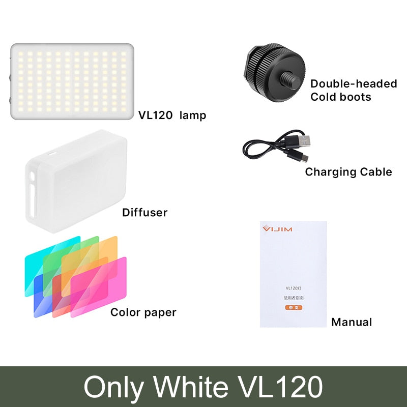 Luz LED para cámara de vídeo VIJIM VL120, 3200k-6500K, 3100mAh, lámpara de estudio regulable, luz de relleno Vlog con filtro de Color RGB, difusor de caja de luz