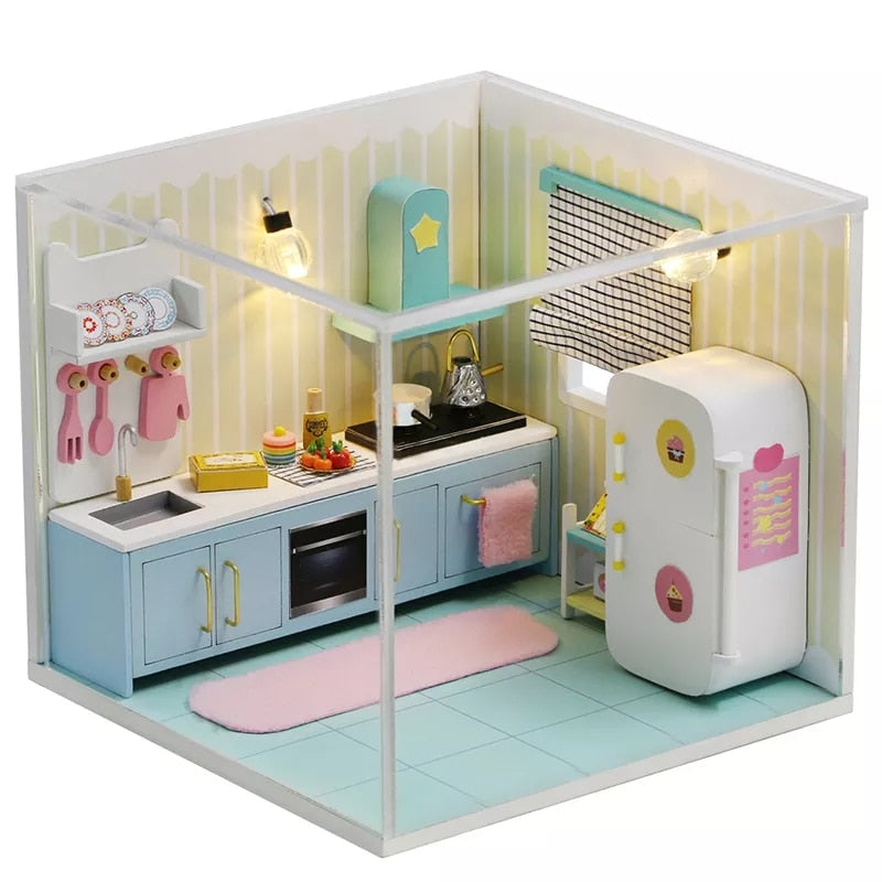 Cutebee DIYHouse miniatura con muebles LED música polvo cubierta modelo Juguetes De bloques De construcción para niños Casa De Boneca