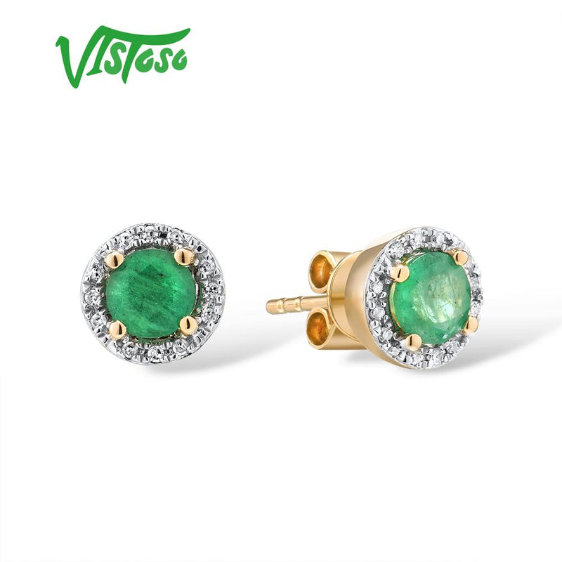 VISTOSO pendientes de oro para mujer genuino 14K 585 oro rosa amarillo redondo 4mm esmeralda azul zafiro rubí pendientes de tuerca joyería fina