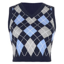 Sweetown Argyle Plaid Knitted Tank Top Female Knitwear Preppy Style Clothes V Neck Casual Crop Sweater Vest 90s Streetwear