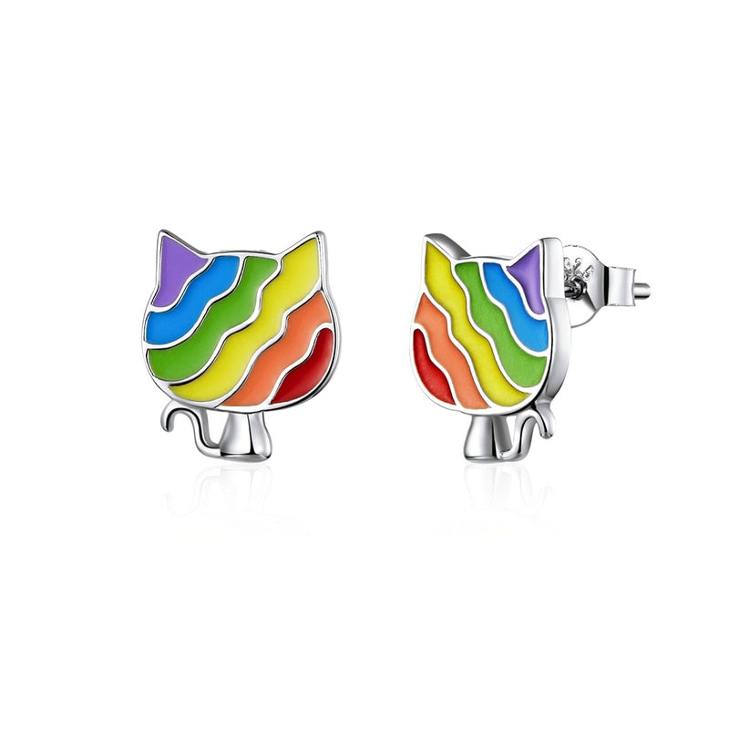 Bamoer Arco Iris esmalte Stud pendientes para mujer Plata de Ley 925 Animal pez gato y perro joyería de moda Bijoux SCE823