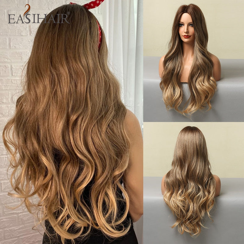 EASIHAIR Lange gewellte braune synthetische Perücken mit blonden Strähnchen Cosplay Naturhaarperücken Hochtemperaturfaser für schwarze Frauen