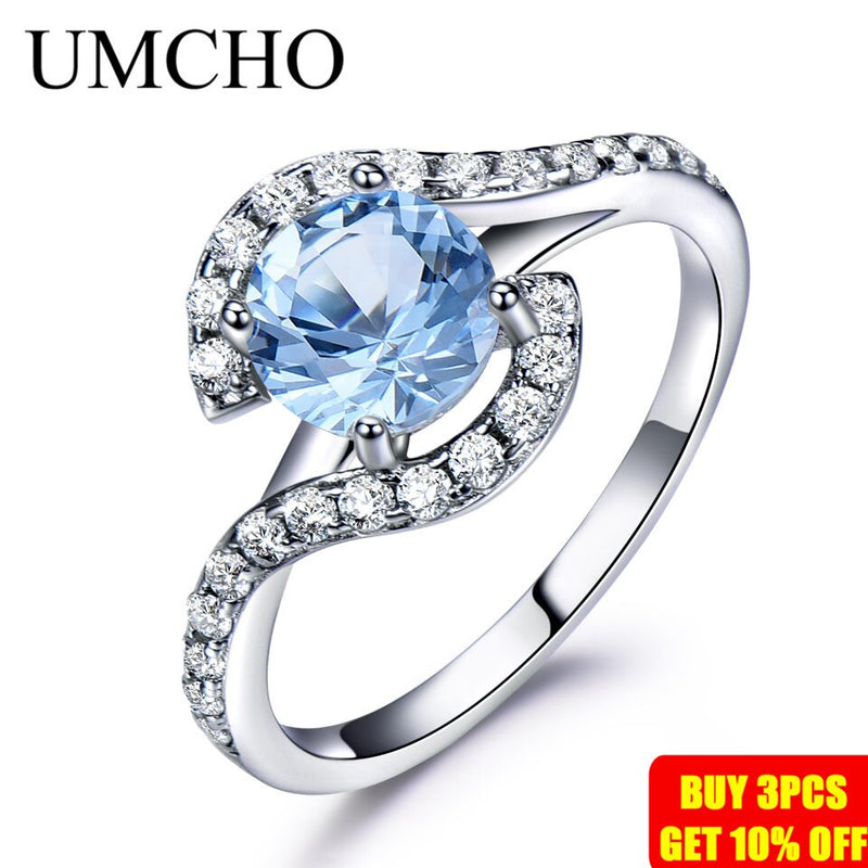 UMCHO Real 925 anillos de plata esterlina para mujer clásico redondo creado cielo azul topacio piedra preciosa boda regalo de San Valentín joyería