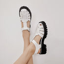 Meotina Platform Wedges Sandals Real Leather Mid Heel Shoes T-Strap Round Toe Female Footwear Buckle Sandals Summer Black New