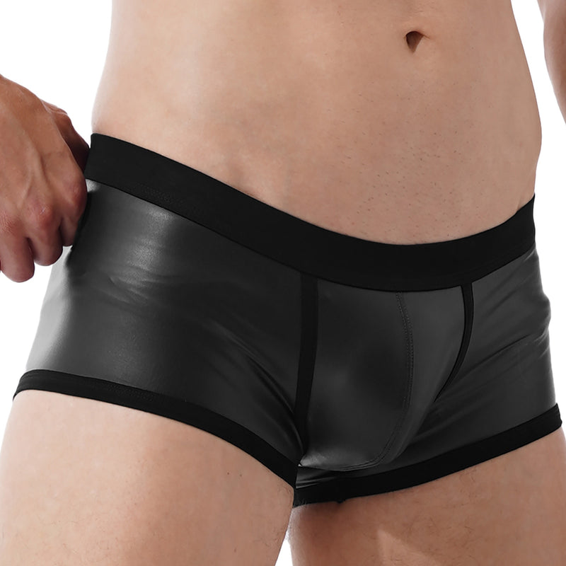 Mens Low Waist Faux Leather Boxer Shorts Sports Swimming Trunks Swimwear Board Shorts Bulge Pouch Elastic Waistband Underpants