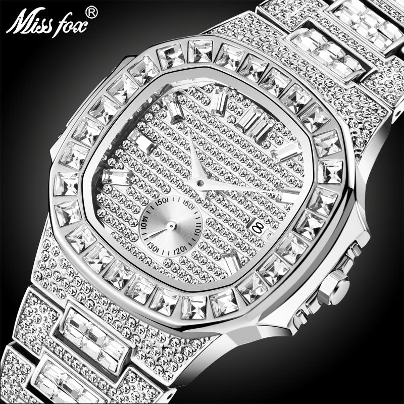 MISSFOX Iced Out Uhren Herren Top-Marke Luxusuhr Herren Volldiamant Quarzuhr Bling Bling Hiphop Hot Rapper Schmuckuhr