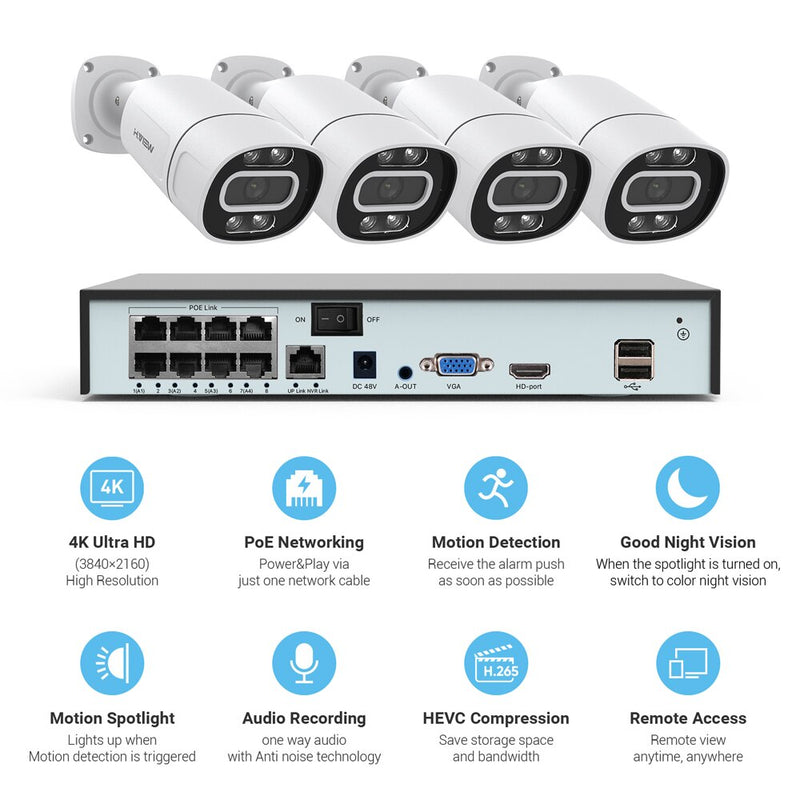 H.View 8Ch 5Mp 8Mp 4K Cctv Sistemas de cámaras de seguridad Kit de videovigilancia para el hogar Ai Audio Cámara IP para exteriores Poe xmeye app Nvr