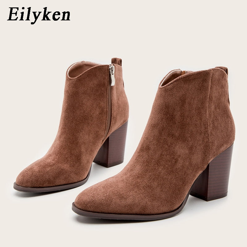 Eilyken 2023 Autumn Faux Suede Ankle Boots Women High Heel Side zipper High top Stacked Block Heel Short Western Cowboy Booties