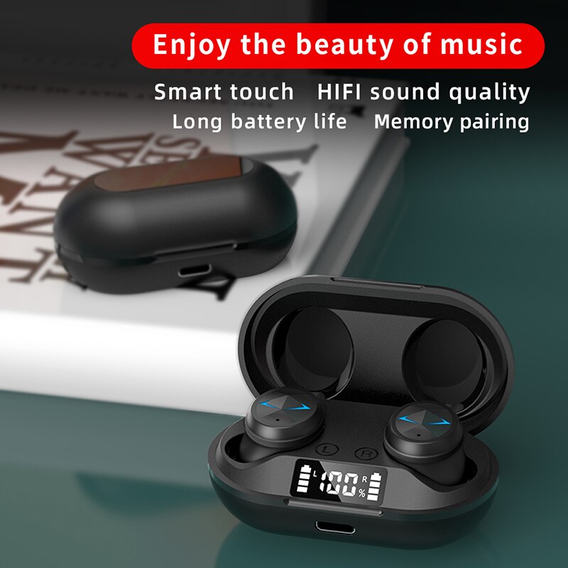 C6 TWS Inalámbrico Bluetooth V5.0 Auricular 9D Estéreo Control táctil Ruido Deportes Auriculares impermeables con LED y cabezales de micrófono duales