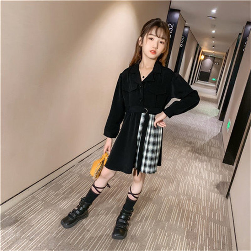 Kids Blazer Dress 2022 Girl Formal Black Blazer Dress Suit Jacket Female Fashion Children's Stitching Plaid Blazer Party Costume