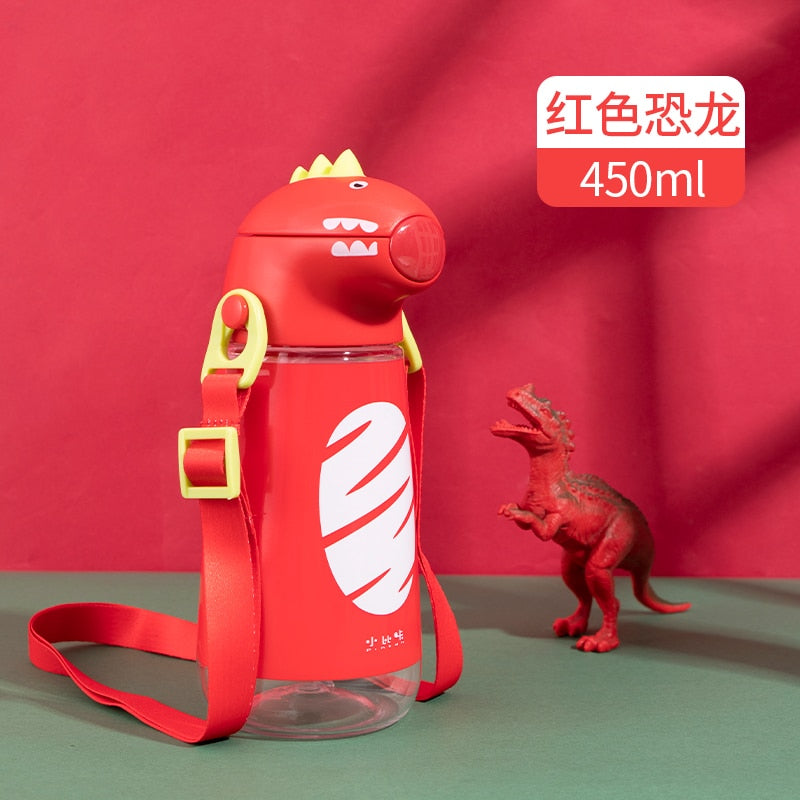 New Pinkah Children Straw Kettle with Shoulder Strap Portable School Plastic Water Bottle Creative Cartoon Dinosaur Shape 450ML