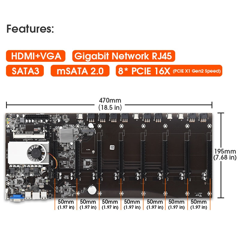 Mining-Motherboard mit CPU und Lüfter und 8 GPU-Steckplätzen unterstützen DDR3-Speicher Integriertes VGA Geringer Stromverbrauch Exquisit