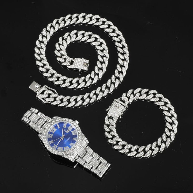 Hip Hop 13MM 3PCS KIT Watch+Necklace+Bracelet Bling Crystal AAA+ Iced Out Cuban Chain Rhinestones Chains For Women Men Jewelry
