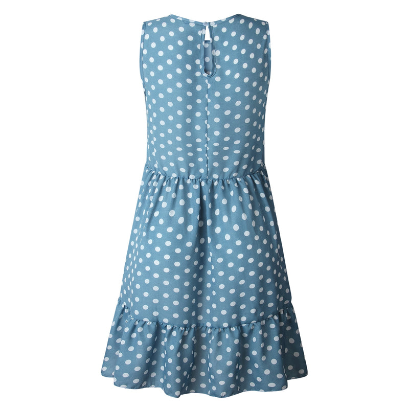 Sommerkleid Frauen Welle Punkt gekräuselte Polka O Hals ärmellos Casual Strand Sommerkleid transparent weiblich plus Größe vestidos 2020