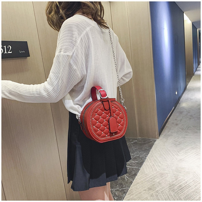 Fashion Chain Rivet Circular Women Shoulder Bag PU Leather Women&