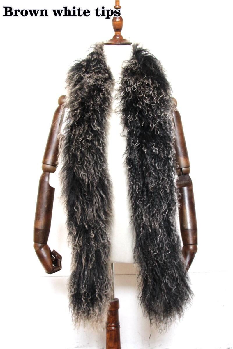 Bufanda de piel mongol auténtica de 160cm para mujer, moda de invierno, lana genuina negra y gris sólida, cuello de piel para mujer