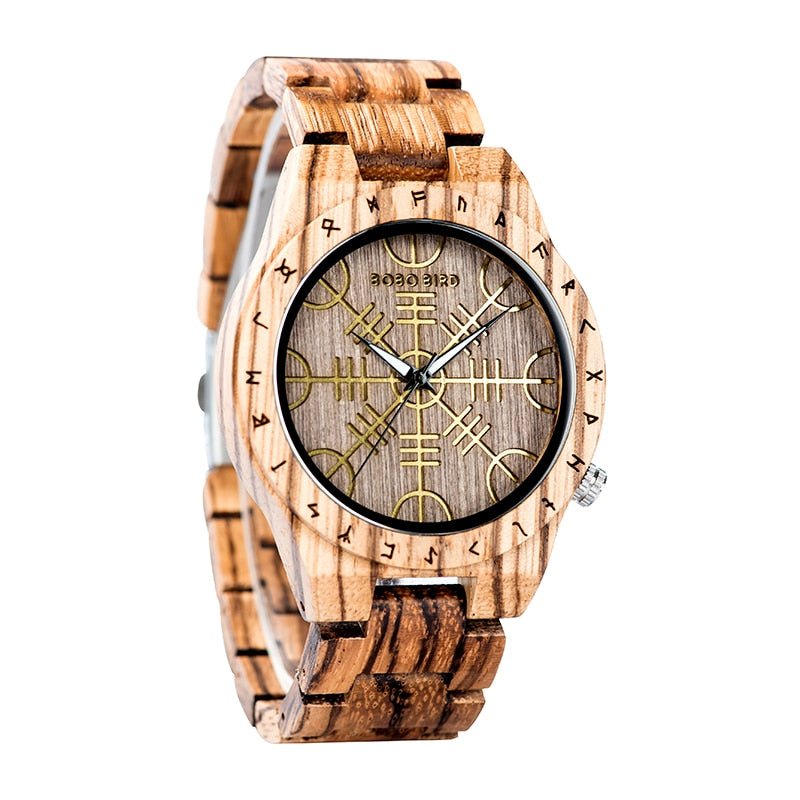 Reloj de madera BOBOBIRD con Helm of Awe Aegishjalmr o Vegvisir y brújula rúnica reloj personalizado часы мужские