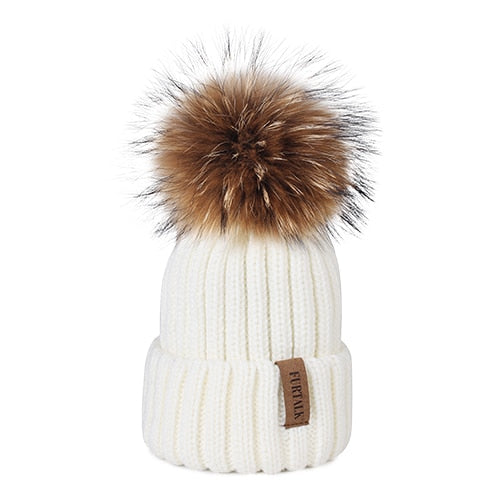 Furtalk Real Fur pompom Beanie Hat Women Winter Knitted Hat Warm Real Big Raccoon Pom Pom Hat  for Female