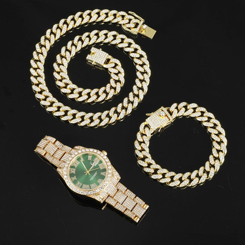 Hip Hop 13MM 3PCS KIT Watch+Necklace+Bracelet Bling Crystal AAA+ Iced Out Cuban Chain Rhinestones Chains For Women Men Jewelry