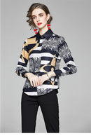 Summer Women Slim Blouses Tops Baroque Print Runway Long Sleeve Shirt Ladies Collar Elegant Vintage Office Shirts Work Wear
