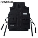 GONTHWID Multi Zipper Pockets Cargo Waistcoat Tooling Vest Streetwear Men Fashion Side Ribbon Buckle Zip Sleeveless Jackets Tops