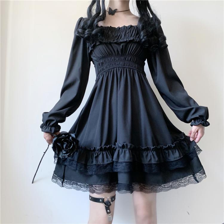 Japanese Harajuku Dark Style Summer New Dresses Vintage Square Collar Lace Puff Sleeve Dress Sweety Ruffles Hepburn Black Dress