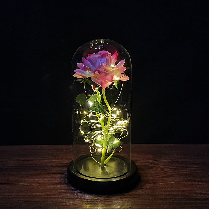 LED Enchanted Galaxy Rose Ewige 24 Karat Goldfolie Blume mit Lichterketten in Kuppel für Heimdekoration Weihnachten Valentinstagsgeschenk