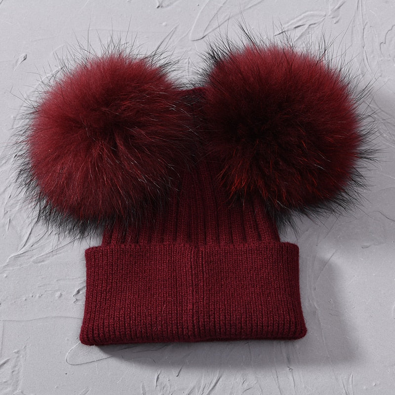 Double Real Raccoon Fur Pompom Hat Women Winter Caps Knitted Wool Hats Skullies Beanies Girls Female Two Fur Pom Pom Beanie Hat