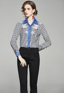 Summer Women Slim Blouses Tops Baroque Print Runway Long Sleeve Shirt Ladies Collar Elegant Vintage Office Shirts Work Wear