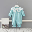 Newborn Toddler Infant Baby Girls Rompers Lace Collar Jumpsuit Playsuit Little Girls Outfits Baby Clothes Blue 0-2T