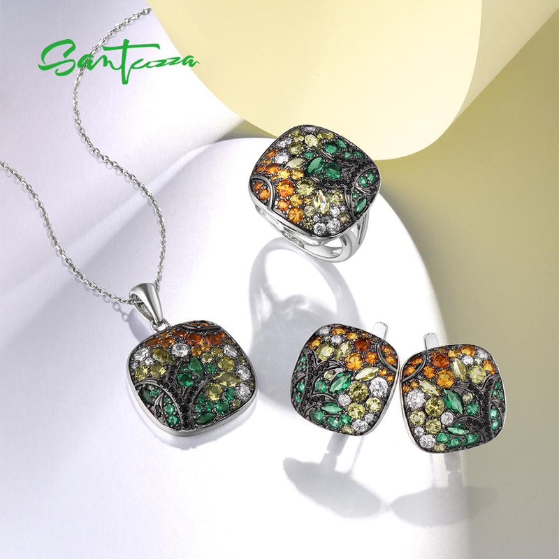 SANTUZZA Jewelry Set For Women 925 Sterling Silver Sparkling Colorful Stones Square Pendant Earrings Ring Set Party Fine Jewelry