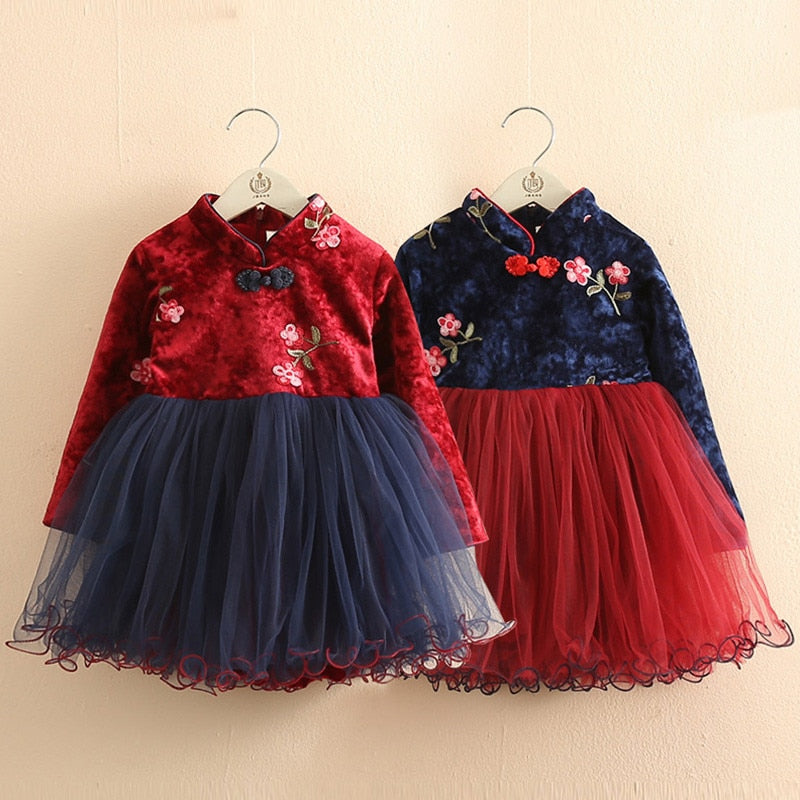 2021 invierno 2-12 años adolescente Año Nuevo bordado encaje rojo tradicional chino prendas Tang niños niñas más vestido de terciopelo