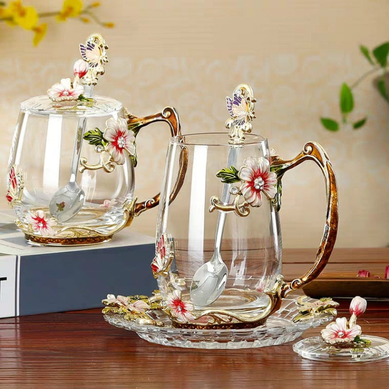 Taza de café esmaltada de belleza y novedad, tazas de cristal de té con flores para bebidas frías y calientes, juego de cuchara y taza de té, regalo de boda perfecto