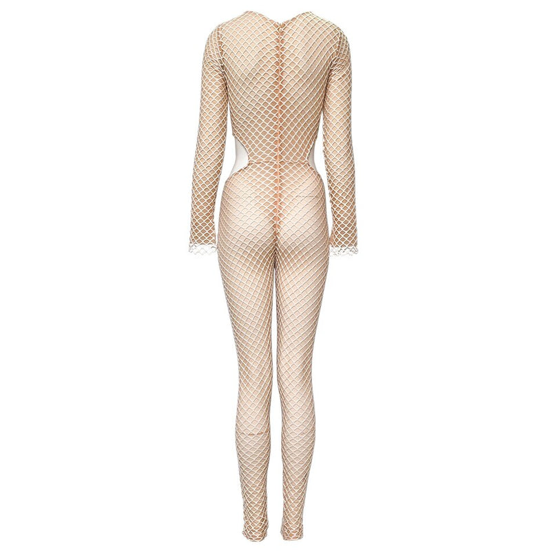 Body transparente brillante inspirado en Khloe Kardashian, cintura transparente, ojal recortado, malla ceñida a la piel, medias de red completas