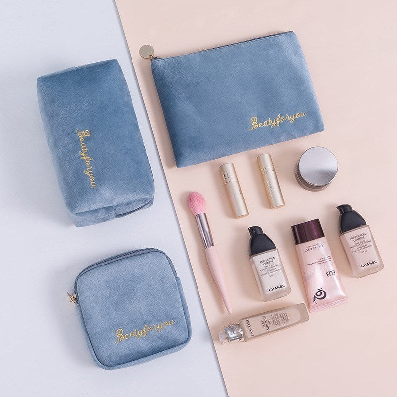 PURDORED 3 Pcs/set Velvet Cosmetic Bag Set Solid Women Makeup Bag Organizer Travel Toiletry Wash Bag Kit Neceser Kosmetyczka