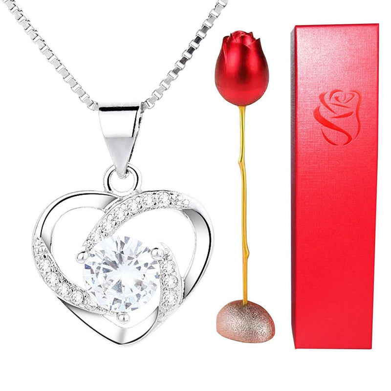 Conjunto de collar de amor eterno con soporte de rosa, colgante de circón rombo romántico con regalos inmortales para el Día de San Valentín