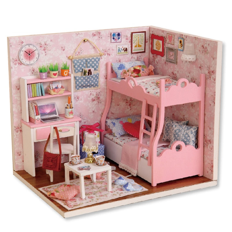 Cutebee DIYHouse miniatura con muebles LED música polvo cubierta modelo Juguetes De bloques De construcción para niños Casa De Boneca