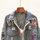 2022 Spring Autumn New Women Street Fashion Graffiti Denim Jacket Female Personality Short Raw Cut Rivet Jacket Fringe Jean Coat
