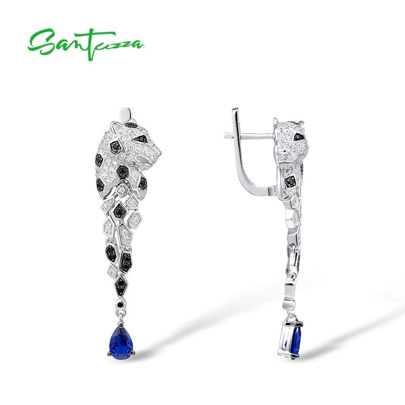 SANTUZZA Silver Earrings For Women 925 Sterling Silver Leopard Sparkling Blue Cubic Zirconia Drop Earrings Trendy Fine Jewelry