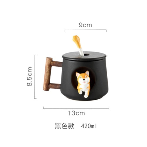 Cute Cartoon Animal Shiba Inu Ceramic Mug Creative Men and Women Couple with Lid Spoon Drinking Water Coffee Cup