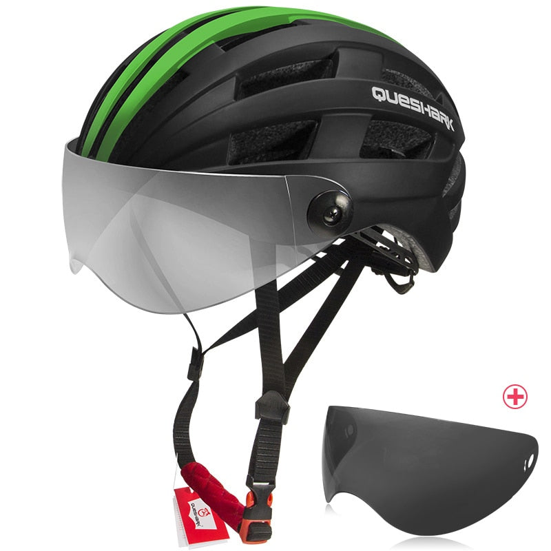 QUESHARK, casco de ciclismo ultraligero para hombres y mujeres, bicicleta de montaña, bicicleta de carretera, motocicleta, lente transparente extraíble, tapa segura QE116