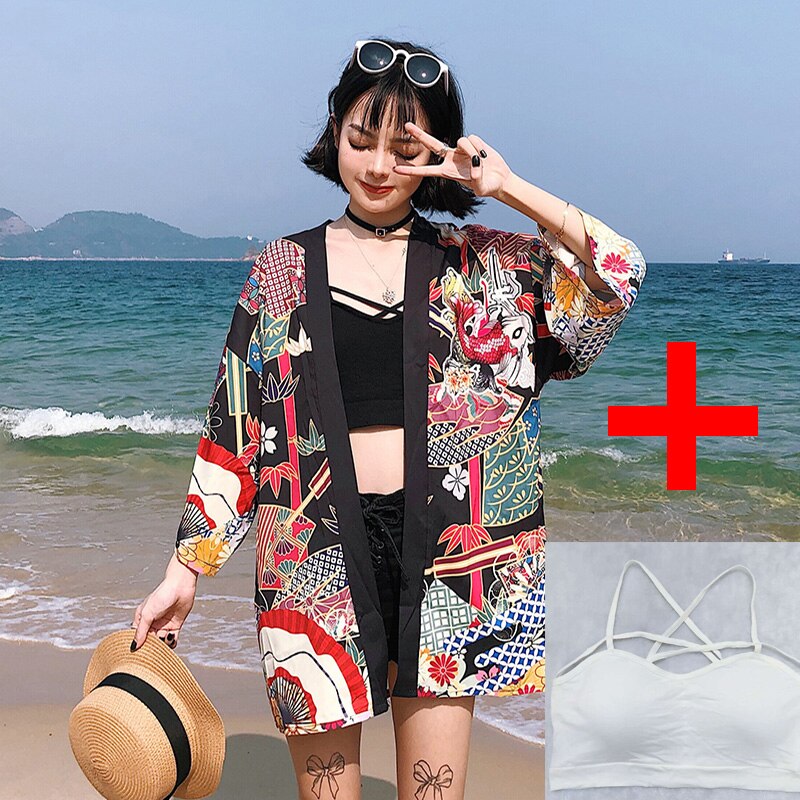 Yukata Women Kimono Cardigan Japan Kimonos Asia Clothes Summer Fish Print Shirt Top Casual Kimonos Kawaii Kimono Cosplay Costume