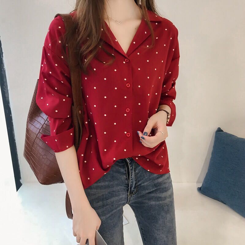 Muiches Lässige Bluse mit tiefem V-Ausschnitt, Polka Dot Print, Langarm, Frau, Einreiher, Tasche, Büroarbeit, Chiffon-Tops 2021 Neu