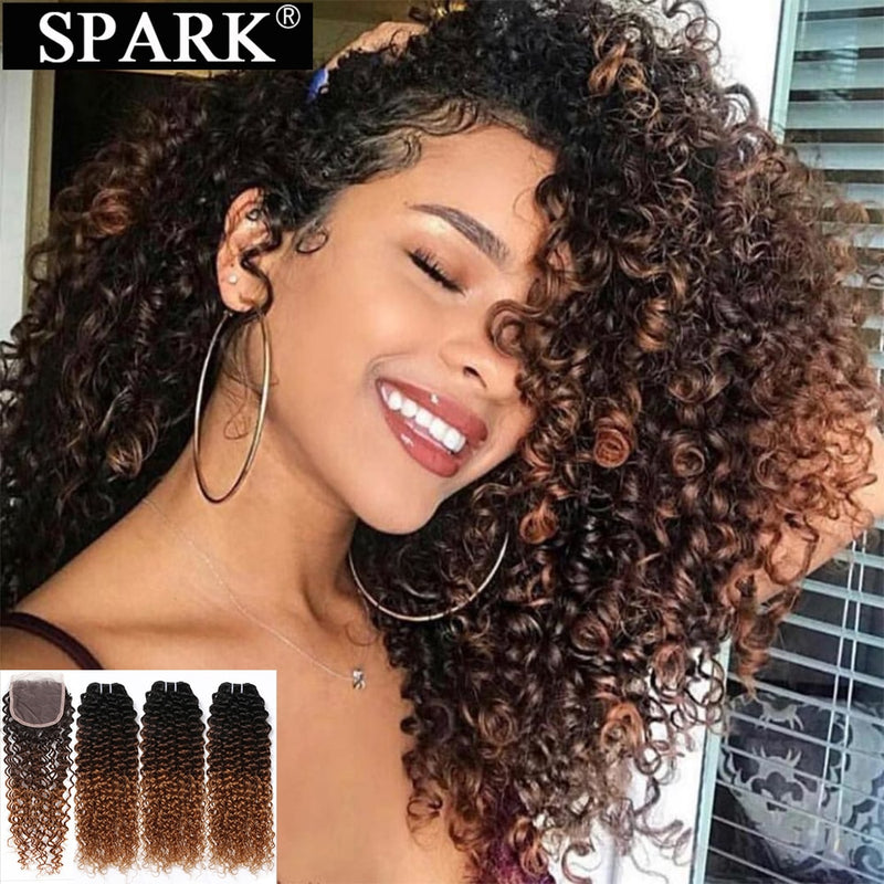 Ombre SPARK Brazilian Human Hair Weave Bundles With Closure Afro Kinky Curly Hair With Closure Remy Human Hair Extensions Black