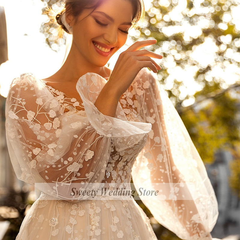 Romantic Flower Lace Wedding Dress Princess Bridal Gowns Long Sleeves V Neck See-through A Line Sweep Train Wedding Dresses