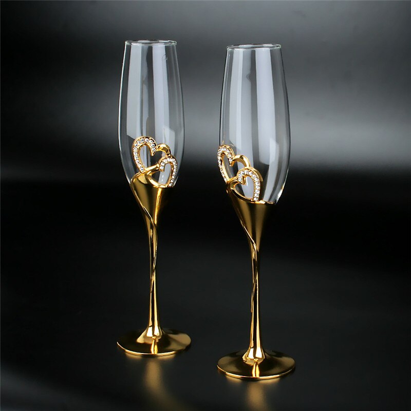 2Pcs/Set Wedding Crystal Champagne Glasses Gold Metal Stand Flutes Wine Glasses Goblet Party Lovers Valentine&