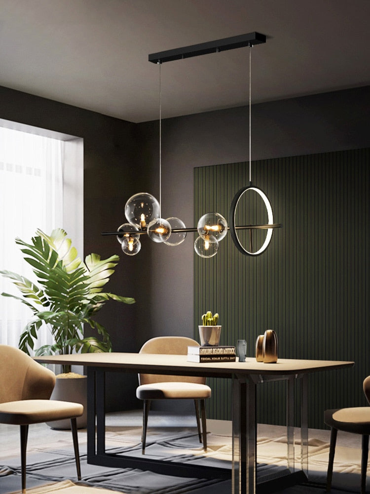 Black LED Chandelier Clear Glass Ball Modern Long Pendant Lamp For Dining Room Bar Restaurant Coffee Shop Office Hanging Light