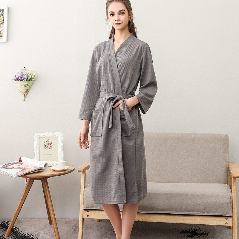 Women Summer 2021 Long Soft  Bath Robe Pajamas Kimono Solid Waffle Bathrobe With Sashes Dressing Gown Sleepwear Female Homewear