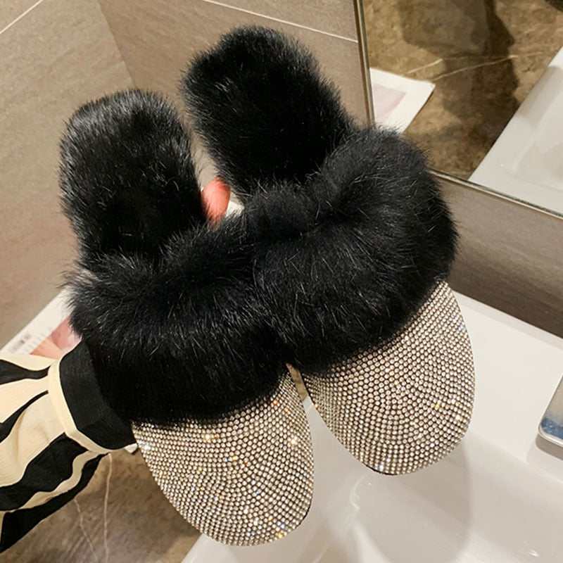 Women Slippers Ladies House Luxury 2023 Rhinestone Fur Crystal Winter Home Female Outdoor Mules Flats Shoes Slides For Women